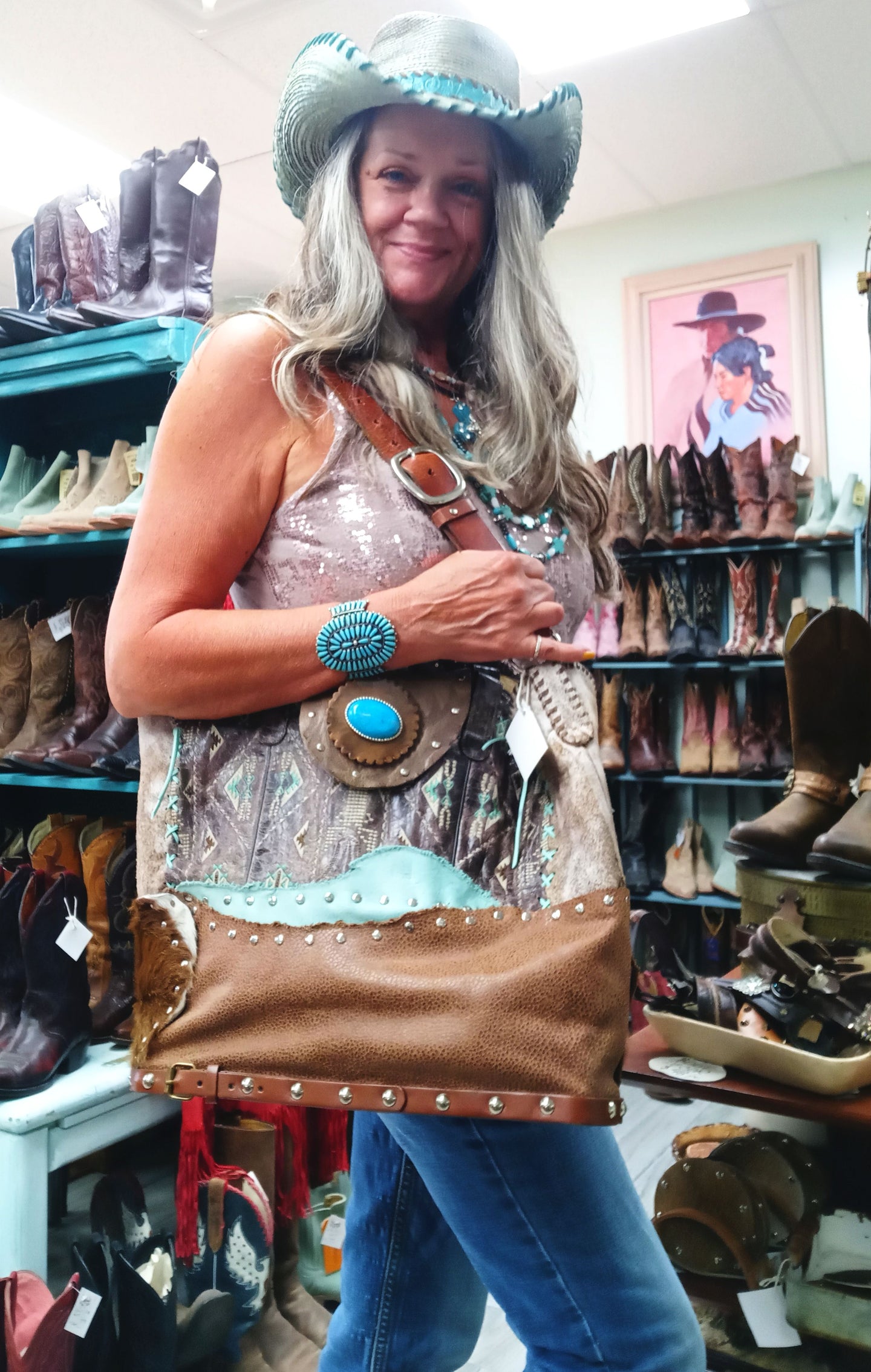 Cowboy Boot Laptop Tote LT43 handcrafted from cowboy boots. Shop Luggage & Bags at ChrisThompsonBags.com and buy the best boot purse, cowboy boot purse, cowgirl handbag, leather laptop tote, recycled cowboy boots, unique gift for her, unique gift for him, unique travel bag, western diaper bag, western laptop tote, western travel bag, XL cowboy Boot Purse, XL leather tote at Chris Thompson Bags.